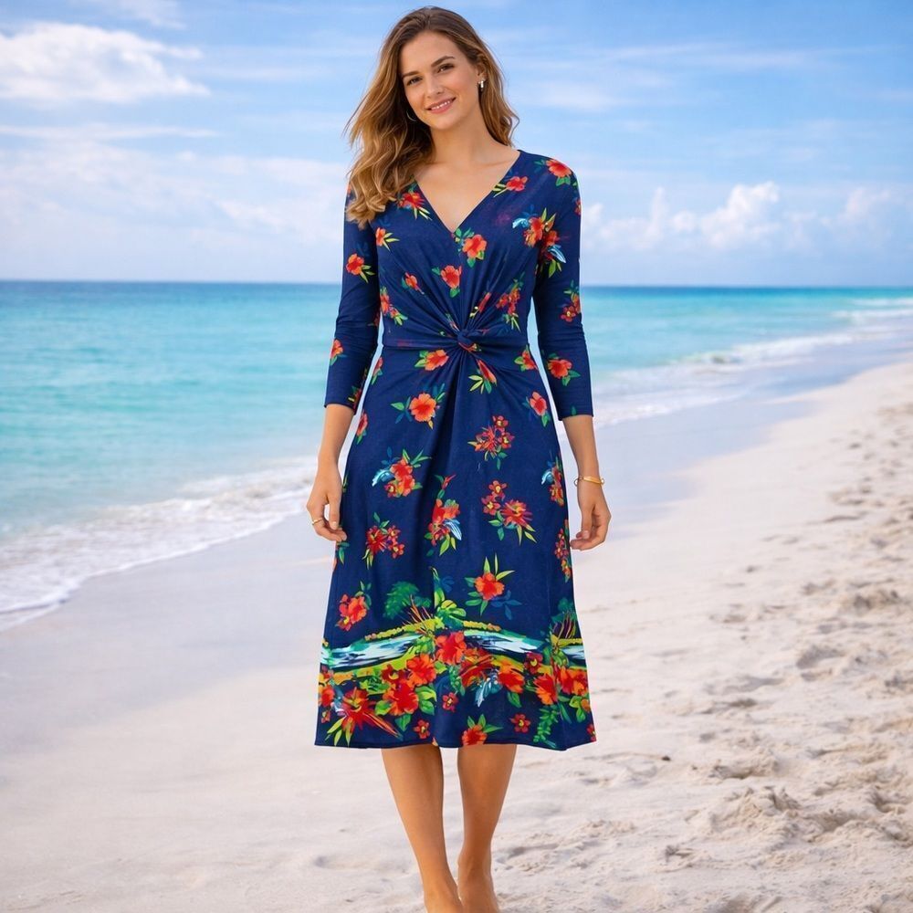 Land’s End Dress Lightweight Cotton Stretch 3/4 Sleeve Fit Flare navy print MT